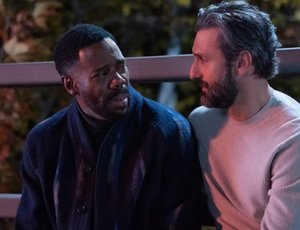 Screenshot from Netflix's "The Four Seasons" where Colman Domingo's character is breaking down roadside to his on-screen husband played by Marco Calvani.