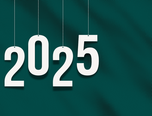 Dark teal background with large white text that reads "2025" and appears like it's dangling from the top left corner