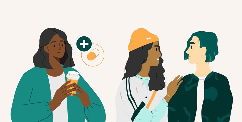 Illustration of three people interacting: one person is holding a coffee and two are engaged in conversation, and there is a medical icon above.