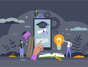 A cartoon hand scrolls on a phone that is surrounded by a ladder, a lightbulb, and other items meant to convey thinking and progress.