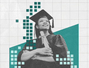 Older, Black, female college student wearing a graduation cap