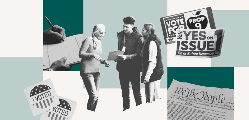 A collage featuring voting elements, including people discussing with a clipboard, voting posters, "I VOTED" stickers, and part of the U.S. Constitution.