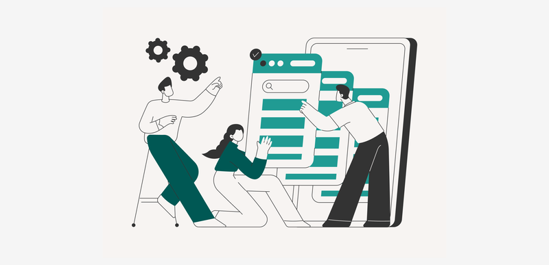 Three stylized figures interact with oversized digital interfaces, resembling smartphone screens, with gears symbolizing optimization.