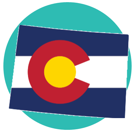 Teal circle with a flag indicating Colorado as a rectangle in the center