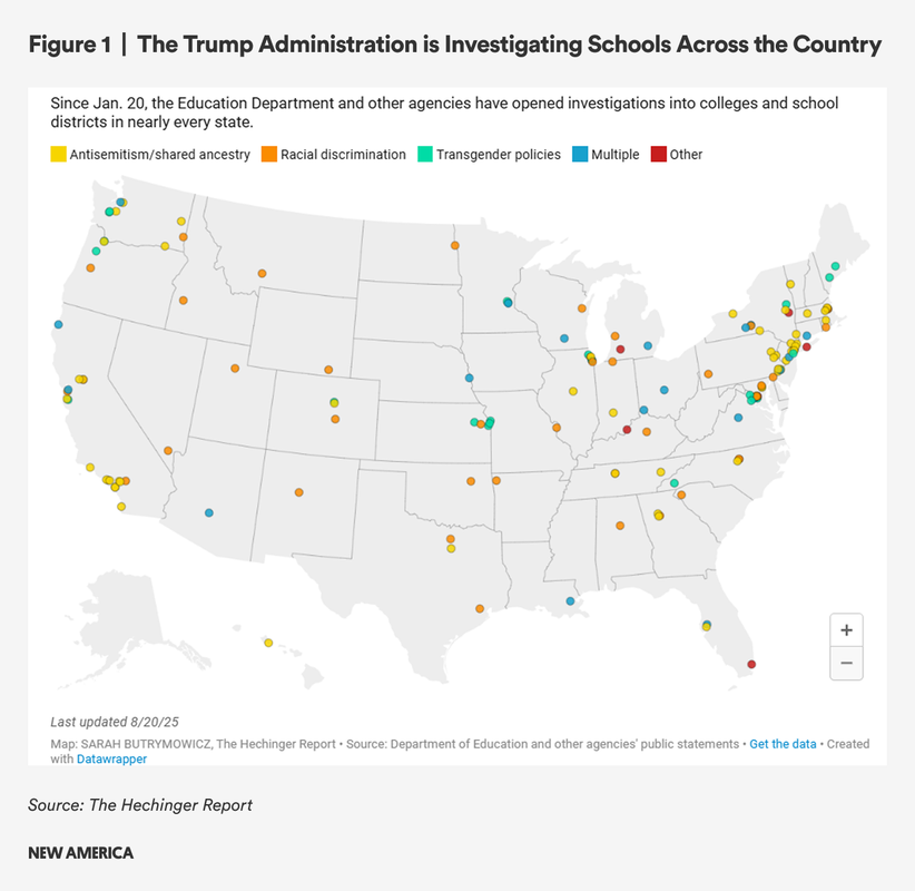 The image is a map of the United States with colored coded dots placed on all the locations where the US Department of Education's Office for Civil Rights has opened an investigation.