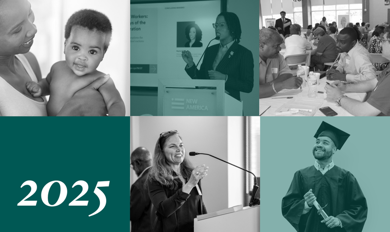 Colored squares of children learning and adults working.