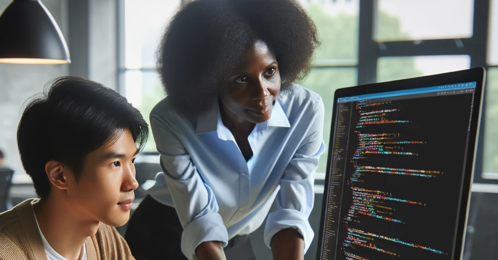 DALL·E 2023-11-02 09.49.57 - Photo of a spacious and well-lit office setting where two individuals are collaboratively working on AI development. A young Asian male is intently ty (1)