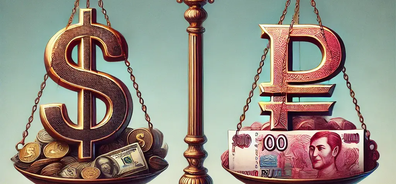 DALL·E 2024-12-03 15.01.15 - A detailed artistic depiction of a scale balancing currency symbols with the US dollar ($) on the left side and the Russian ruble (₽) on the right side.