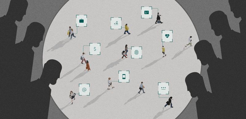 Dark silhouettes of men observe people walking with digital icons above their heads, representing surveillance and data collection.