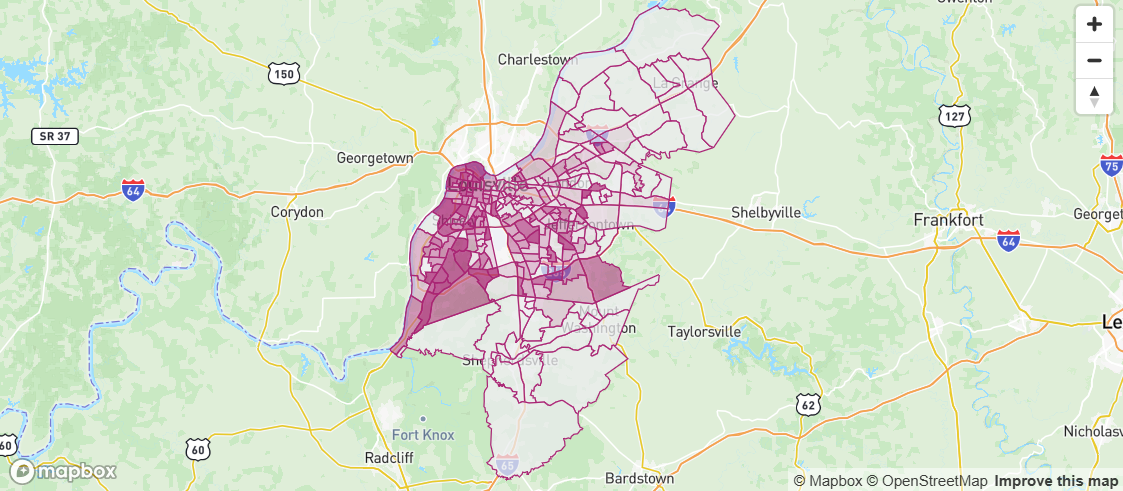 A map of the Louisville, KY metro area with census tracts shaded indicating the rate of eviction judgment in each tract.