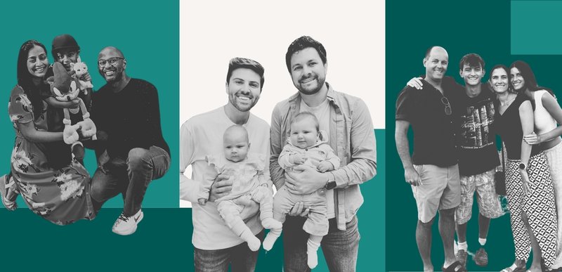 Stylized image of Mohan Sivaloganathan, Jeremy and Dominic DeMark, and Damian Borbolla with their children.
