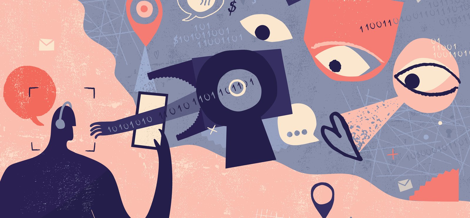 An illustration depicting a person facing a slew of entities trying to break into their phone. The entities are symbolized as eyes and creatures.