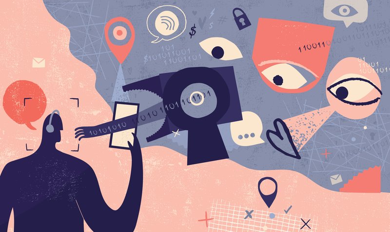 A person faces a slew of online messages symbolized as eyes and creatures.