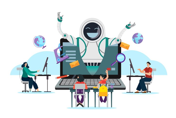 Illustration of teachers and students gathered around a large laptop