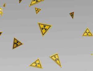 Yellow triangular radioactive warning signs scattered on a gray background.