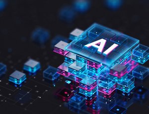 A bunch of computer chips glow together with one projecting the word AI above it.
