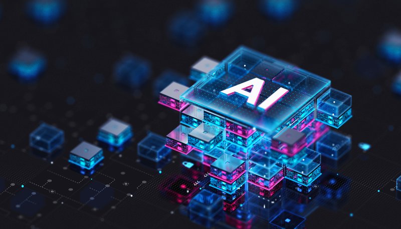 A bunch of computer chips glow together with one projecting the word AI above it.