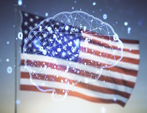 A digital brain is superimposed on the American flag