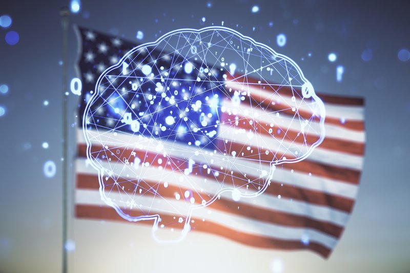 A digital brain is superimposed on the American flag