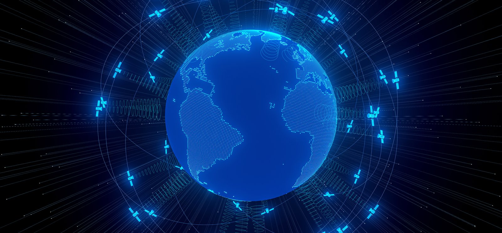 Digital blue Earth surrounded by network nodes on a dark background.