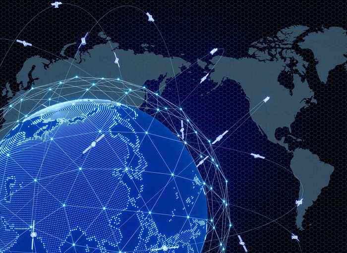 Satellites orbit a digital Earth.