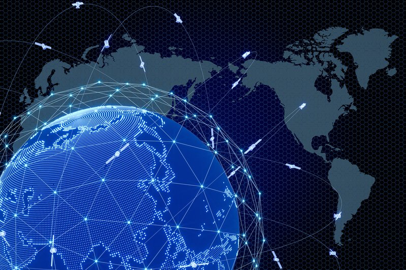 Satellites orbit a digital Earth.