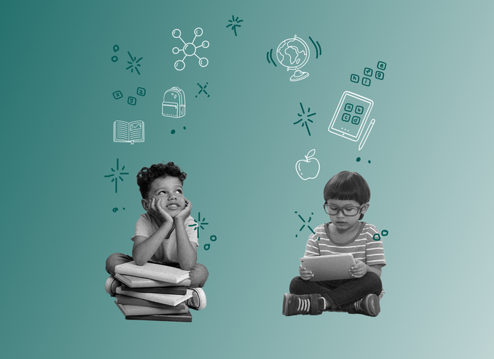 Two children smiling with reading materials in their lap, looking at graphic illustrations above their heads.