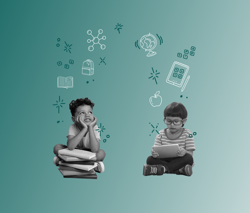 Two children smiling with reading materials in their lap, looking at graphic illustrations above their heads.