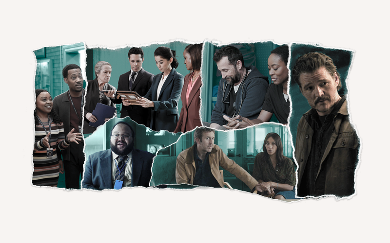 A collage of screencaps from shows exploring work, family, and care issues. Clockwise from left: Abbott Elementary 4x15 (ABC), Matlock 1x18 (CBS), The Pitt 1x11 (HBO Max), The Last of Us 2x06 (HBO), Black Mirror 7x01 (Netflix), Severance 2x03 (Apple TV+).