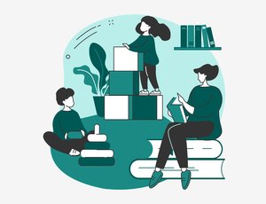 Three figures engaged in playing and reading with blocks, plants, and books in a teal color scheme.