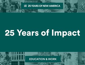 A collage of green-tinted images of children learning and people going to work.