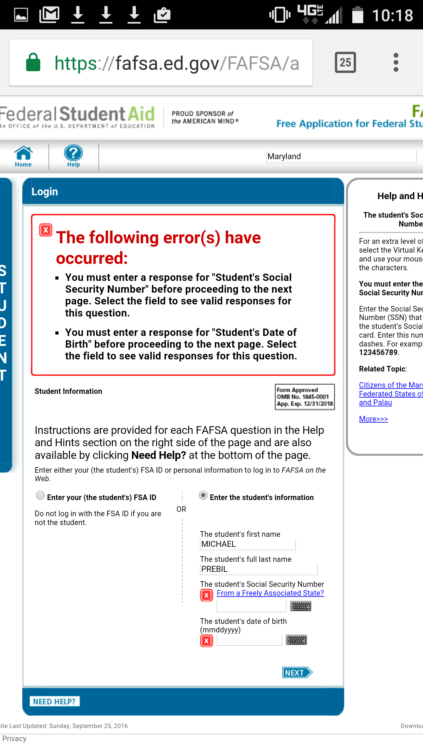 FAFSA mobile error message