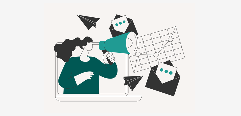 Illustration of a person with a megaphone emerging from a laptop, surrounded by paper airplanes, envelopes, and a schematic grid.