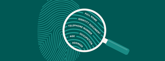 A teal fingerprint with a magnifying glass highlighting words on its ridges