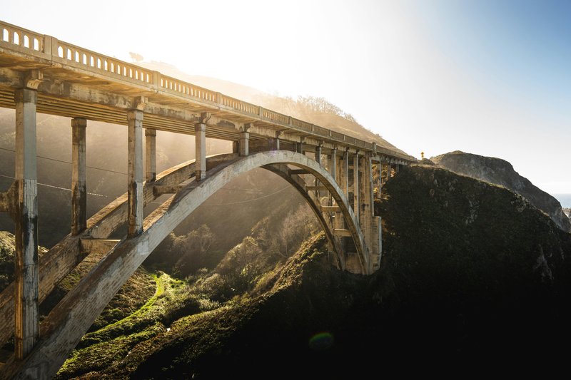 A bridge spans a gorge.