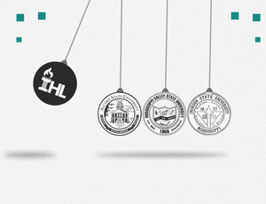 Four balls on a pendulum. Three smaller balls represent HBCU schools using their school seals and a larger ball represents the Institute for Higher Learning.
