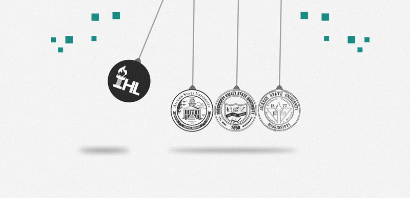 Four balls on a pendulum. Three smaller balls represent HBCU schools using their school seals and a larger ball represents the Institute for Higher Learning.