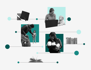 Collage of photos showing graduation caps, people with children, and books, against colorful rectangles.