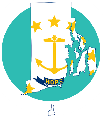Teal circle with a white shape of Rhode Island as a background for a yellow drawing of an achor