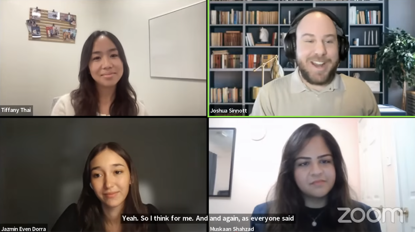 Screenshot from students and workers panel discussion featuring one female moderator, two female students, and one male former student, October 1, 2024.