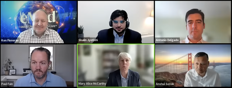 One woman and five men on a virtual panel discussing AI education at community colleges