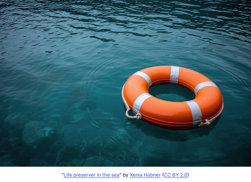 Orange life preserver adrift on a body of water