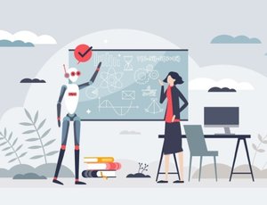 A robot and teacher standing next to a lesson planning screen.