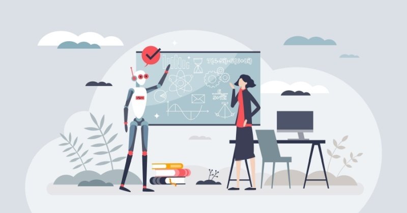 A robot and teacher standing next to a lesson planning screen.