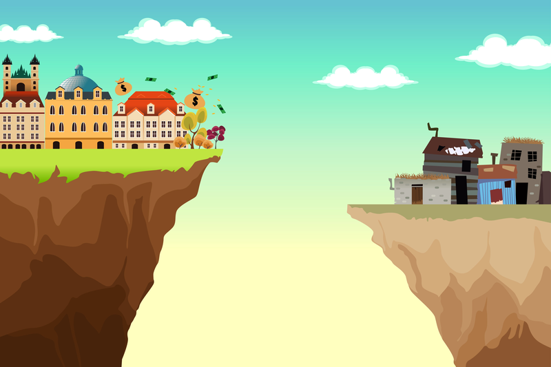 The growing wealth gap in the United States needs to narrow. This image shows to communities on opposite cliffs, on community with big colorful homes, and the other with run-down, drab homes.