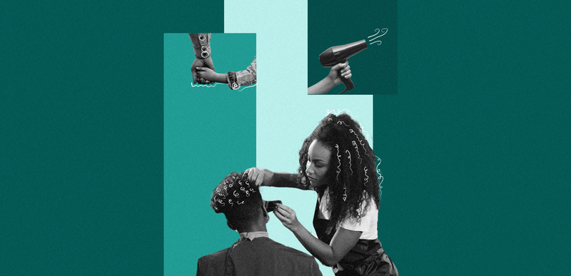 a female cosmetology student is styling a clients hair. There are image elements in the background of a parent holding a child's hand and another with a hand holding a blow dryer.
