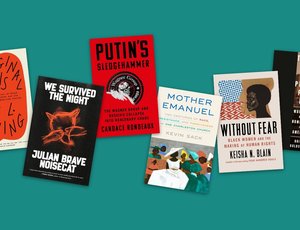 Collage of book covers on a festive teal background.