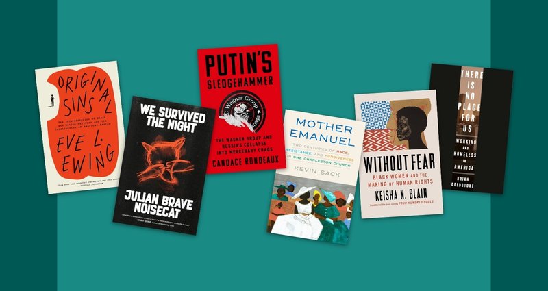 Collage of book covers on a festive teal background.