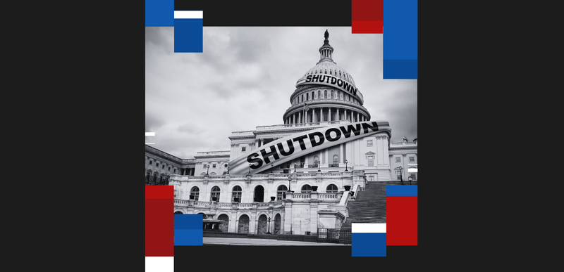 black and white image of the US Capitol building with a shutdown sign on it