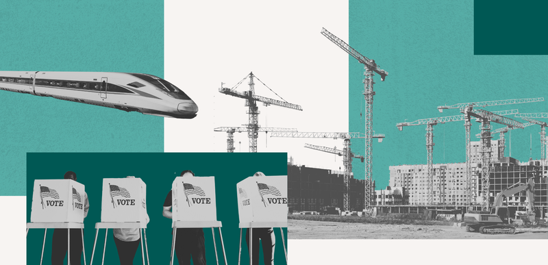 Collage of voters with construction and cranes in the background. Train approaches from the upper left.
